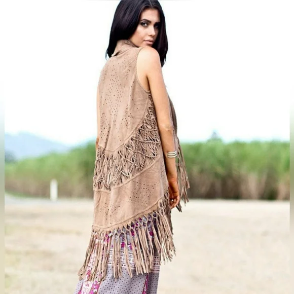Mahiya Nomad Suede Fringe Vest Tan - Picture 1 of 17